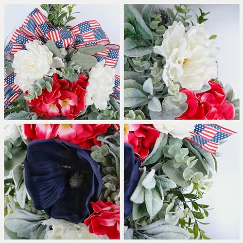 Silky Flower Store Patriotic Teardrop Wreath, Red White Blue Summer Floral Swag, USA Flag Bow, Artificial Front Door Decor, 28in 2 2 Product: 4th of July Patriotic Swag - Red White Blue Summer Floral Swag with USA Flag Printed Bow - Artificial Flower Teardrop Wreath - American Summer Home Decor for Frong Door Porch Wall