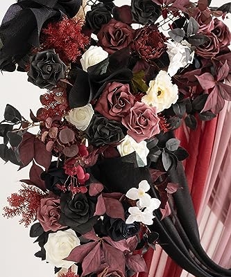 Silky Flower Store Wedding Arch Flowers Kit Black Burgundy Sheer Drapes, 5 Piece Faux Floral Backdrop Set, Reusable Event Decor, 32.5cm 9 9 Product: Ling's Moment Wedding Arch Flowers with Sheer Drapes Kit - Artificial Black and Burgundy Floral Arrangements for Ceremony Backdrop, Arbor Decor, 5-Piece Set (2 Flower Stems + 3 Hanging Drapes)