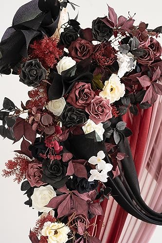 Silky Flower Store Wedding Arch Flowers Kit Black Burgundy Sheer Drapes, 5 Piece Faux Floral Backdrop Set, Reusable Event Decor, 32.5cm 2 2 Product: Ling's Moment Wedding Arch Flowers with Sheer Drapes Kit - Artificial Black and Burgundy Floral Arrangements for Ceremony Backdrop, Arbor Decor, 5-Piece Set (2 Flower Stems + 3 Hanging Drapes)