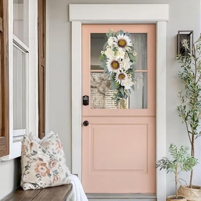 Silky Flower Store Artificial Sunflower Peony Rose Teardrop Wreath, White Floral Swag, Indoor Outdoor Door Wall Decor, 28in 15 15 Product: 2-Pcs Spring Summer Floral Teardrop Swags - 28” Artificial Sunflower, Peony, Rose Teardrop Wreath for Door, Wall, Window - White Floral Arrangement for Home Decor