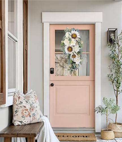 Silky Flower Store Artificial Sunflower Peony Rose Teardrop Wreath, White Floral Swag, Indoor Outdoor Door Wall Decor, 28in 6 6 Product: 2-Pcs Spring Summer Floral Teardrop Swags - 28” Artificial Sunflower, Peony, Rose Teardrop Wreath for Door, Wall, Window - White Floral Arrangement for Home Decor