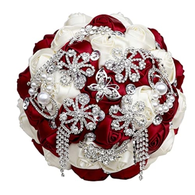 Product: Sharebeauty 9.4 Inch Handmade Satin Rose Bridal Bouquet Toss Round Wedding Bouquet Throw Toss Artificial Flower Bunch Dark Red + Ivory