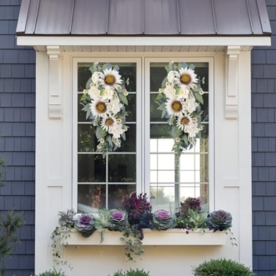 Silky Flower Store Artificial Sunflower Peony Rose Teardrop Wreath, White Floral Swag, Indoor Outdoor Door Wall Decor, 28in 14 14 Product: 2-Pcs Spring Summer Floral Teardrop Swags - 28” Artificial Sunflower, Peony, Rose Teardrop Wreath for Door, Wall, Window - White Floral Arrangement for Home Decor