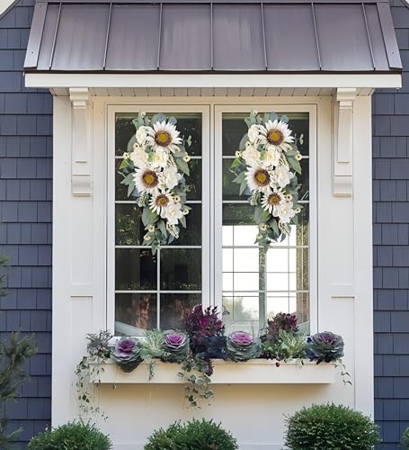 Silky Flower Store Artificial Sunflower Peony Rose Teardrop Wreath, White Floral Swag, Indoor Outdoor Door Wall Decor, 28in 5 5 Product: 2-Pcs Spring Summer Floral Teardrop Swags - 28” Artificial Sunflower, Peony, Rose Teardrop Wreath for Door, Wall, Window - White Floral Arrangement for Home Decor
