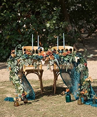 Silky Flower Store Artificial Eucalyptus Rose Flower Garland, Fall Wedding Arch Backdrop Decor, Sweetheart Table Mantel Garland, Teal Orange 9FT 9 9 Product: Ling's Moment 9FT Flower Garland for Backdrop Decoration - Fall Wedding Arch Flowers, Eucalyptus & Rose, Artificial Floral Garland for Mantle - Sweetheart Table Decor for Ceremony, Teal & Orange