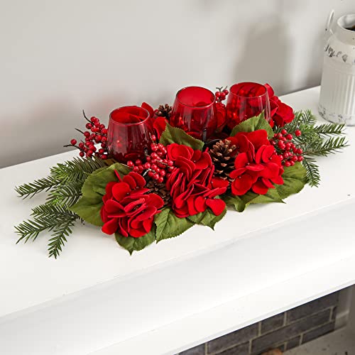 Silky Flower Store Artificial Hydrangea Candelabrum, Red Floral Table Centerpiece, Pinecone Berry Candle Holder, 24in 4 4 Product: Nearly Natural Triple Hydrangea Red Candelabrum