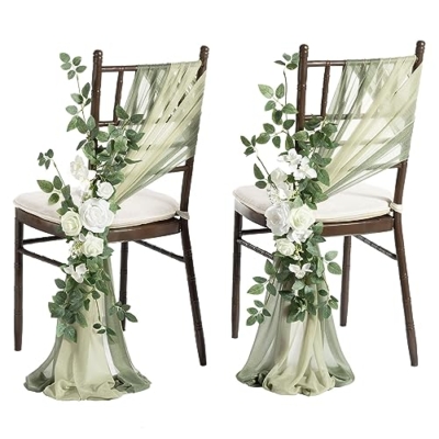 Product: Ling's Moment 8 Wedding Chair Decorations Aisle Pew Church Artificial Flowers Greenery Swag White Sage Green Bench Ceremony Reception Floral Faux Backdrop Rose Arrangements Party Outdoor Decorations