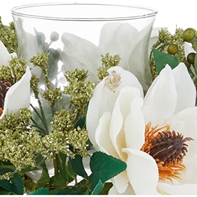 Silky Flower Store Artificial Magnolia Candelabrum Silk Flower Arrangement, Faux Green Floral Decor, 14 x 14 x 6.5 In. 8 8 Product: Nearly Natural Magnolia Candelabrum Silk Flower Arrangement Artificial Plant, 14 In. W x 14 In. D x 6.5 In. H, Green