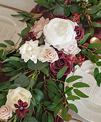 Silky Flower Store Eucalyptus Rose Artificial Flower Garland Sweetheart Table Decor, 6FT 13.75in Wide x 3.5in Tall 10 10 Product: Ling's Moment Flower Garland - 6FT Eucalyptus & Rose - Sweetheart Table Decor for Wedding Reception, Artificial Floral Garland for Mantle, Thanksgiving, Christmas Decoration, Marsala