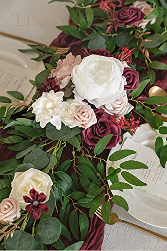 Silky Flower Store Eucalyptus Rose Artificial Flower Garland Sweetheart Table Decor, 6FT 13.75in Wide x 3.5in Tall 4 4 Product: Ling's Moment Flower Garland - 6FT Eucalyptus & Rose - Sweetheart Table Decor for Wedding Reception, Artificial Floral Garland for Mantle, Thanksgiving, Christmas Decoration, Marsala