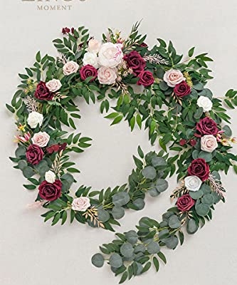 Silky Flower Store Spring Flower Garland, Wedding Arch Flowers, Eucalyptus Rose Artificial Floral Garland, Mantle Table Decor, Marsala, 9FT 15 15 Product: Ling's Moment 9FT Spring Flower Garland - Wedding Arch Flowers, Eucalyptus & Rose, Artificial Floral Garland for Mantle - Sweetheart Table Decor for Reception, Backdrop Decorations, Marsala