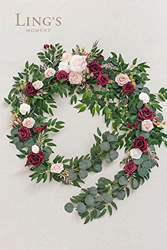 Silky Flower Store Spring Flower Garland, Wedding Arch Flowers, Eucalyptus Rose Artificial Floral Garland, Mantle Table Decor, Marsala, 9FT 7 7 Product: Ling's Moment 9FT Spring Flower Garland - Wedding Arch Flowers, Eucalyptus & Rose, Artificial Floral Garland for Mantle - Sweetheart Table Decor for Reception, Backdrop Decorations, Marsala