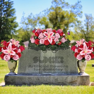 Silky Flower Store Artificial Cemetery Flower Saddle, Pink Rose Lily Red Carnation Tulip, Memorial Grave Vase, Butterflies, 32.5cm 13 13 Product: SUHOOKOO Handmade Cemetery Flowers for Grave Decor, Artificial Headstone Flower Saddle, Bright and Colorfast,Easy Fit, Tombstone Silk Pink Rose Lily/Red Carnation Tulip, 2 lovely butterflies included