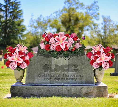 Silky Flower Store Artificial Cemetery Flower Saddle, Pink Rose Lily Red Carnation Tulip, Memorial Grave Vase, Butterflies, 32.5cm 4 4 Product: SUHOOKOO Handmade Cemetery Flowers for Grave Decor, Artificial Headstone Flower Saddle, Bright and Colorfast,Easy Fit, Tombstone Silk Pink Rose Lily/Red Carnation Tulip, 2 lovely butterflies included