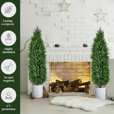 Product: Artificial Cedar Topiary Trees, Set of 2 Lifelike Faux Pruned Cypress with Heavy-Duty Planters – UV-Resistant Outdoor Artificial Shrubs for Indoor/Outdoor Decor (40 Inches)