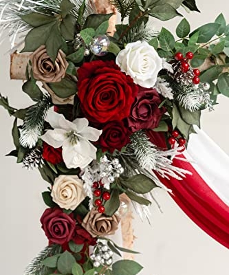 Silky Flower Store Christmas Artificial Wedding Arch Flowers Kit, Hanging Floral Swags, Chiffon Drapes, Ceremony Backdrop, 5ft W x 6.5ft H Arch 9 9 Product: Ling's Moment Christmas Artificial Wedding Arch Flowers Kit Pack of 4, 2pcs Hanging Flower Arrangement 2pcs Chiffon Drapes Ceremony Reception Fake Rose Arbor Backdrop Floral Party Outdoor Decorations