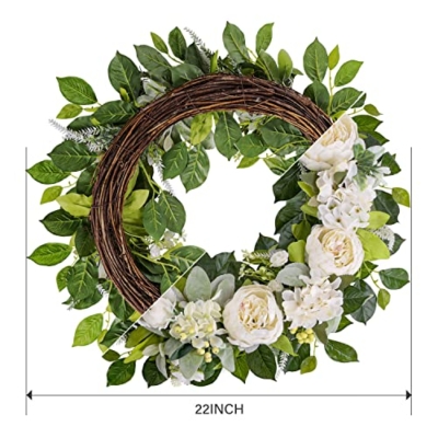 Silky Flower Store Artificial Peony Spring Wreath, Handmade White Blooming Flower Wreath, Front Door Decor, 22-24 inch 9 9 Product: TechKen Peony Spring Wreaths for Front Door Outside 22-24 inch Handmade Artificial Blooming Flower Wreath for Indoor Outdoor Wall Window Decorations Door Wreath