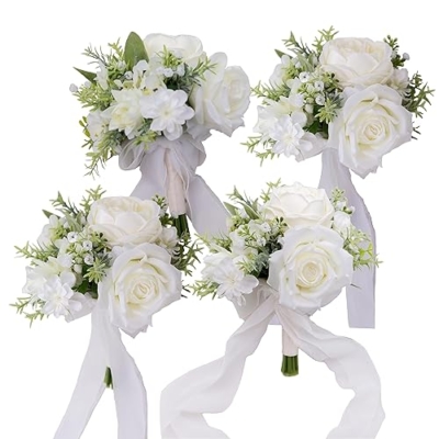 Product: BENCENTRE 7 Inch White & Greenery Bridesmaid Bouquet for Wedding, Set of 4, Small Wedding Bouquet,for Marriage Proposal Party and Vintage Wedding Ceremony Anniversary,Artificial Flowers