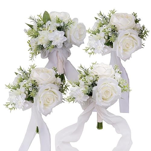 BENCENTRE 7 Inch White & Greenery Bridesmaid Bouquet for Wedding, Set of 4, Small Wedding Bouquet,for Marriage Proposal Party and Vintage Wedding Ceremony Anniversary,Artificial Flowers - Artificial Flower Arrangements Product: BENCENTRE 7 Inch White & Greenery Bridesmaid Bouquet for Wedding, Set of 4, Small Wedding Bouquet,for Marriage Proposal Party and Vintage Wedding Ceremony Anniversary,Artificial Flowers