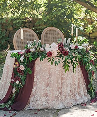 Silky Flower Store Spring Flower Garland, Wedding Arch Flowers, Eucalyptus Rose Artificial Floral Garland, Mantle Table Decor, Marsala, 9FT 12 12 Product: Ling's Moment 9FT Spring Flower Garland - Wedding Arch Flowers, Eucalyptus & Rose, Artificial Floral Garland for Mantle - Sweetheart Table Decor for Reception, Backdrop Decorations, Marsala