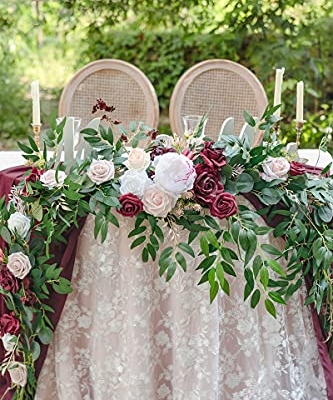 Silky Flower Store Spring Flower Garland, Wedding Arch Flowers, Eucalyptus Rose Artificial Floral Garland, Mantle Table Decor, Marsala, 9FT 14 14 Product: Ling's Moment 9FT Spring Flower Garland - Wedding Arch Flowers, Eucalyptus & Rose, Artificial Floral Garland for Mantle - Sweetheart Table Decor for Reception, Backdrop Decorations, Marsala