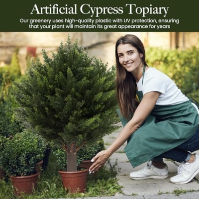 Product: AUMMOOH 15.7 inch Height Set of Two Artificial Cypress Topiary – Breathe Life & Lushness into Any Space – Lifelike – UV-Resistant Great for Indoors & Outdoor - Easy to Install – Fade-Proof