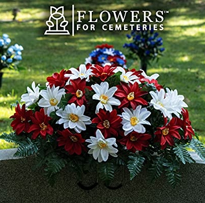 Silky Flower Store Sympathy Silks Artificial Cemetery Flowers, Realistic Outdoor Grave Decorations, Deep Red White Dahlia Saddle 32.5cm 9 9 Product: Sympathy Silks Artificial Cemetery Flowers - Realistic - Outdoor Grave Decorations - Non-Bleed Colors, and Easy Fit - Deep Red & White Dahlia Saddle for Headstone