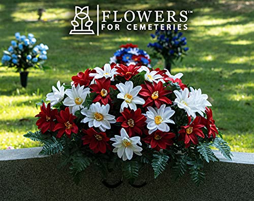 Silky Flower Store Sympathy Silks Artificial Cemetery Flowers, Realistic Outdoor Grave Decorations, Deep Red White Dahlia Saddle 32.5cm 1 1 Product: Sympathy Silks Artificial Cemetery Flowers - Realistic - Outdoor Grave Decorations - Non-Bleed Colors, and Easy Fit - Deep Red & White Dahlia Saddle for Headstone