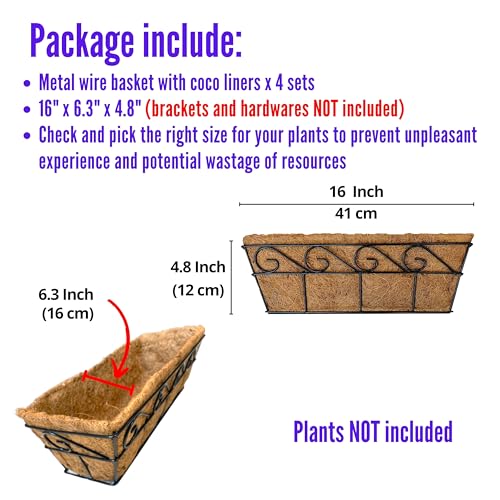 Product: LaLaGreen Wall Mounted Planters - 16 Inch, 4 Pack Window Flower Boxes Basket Outdoor, Balcony Planter Over The Rail, Deck Railing Hanging with Coco Liners, Metal Horse Troughs Fence Patio Porch