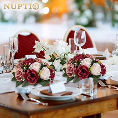 Product: Nuptio Artificial Flower Centrepieces for Tables - 6 Pcs Burgundy & Dusty Rose & Creamy White Fake Flowers Roses Balls 9.5in Diam - Silk Faux Rose Arrangement for Wedding Party Centerpiece Table Decor