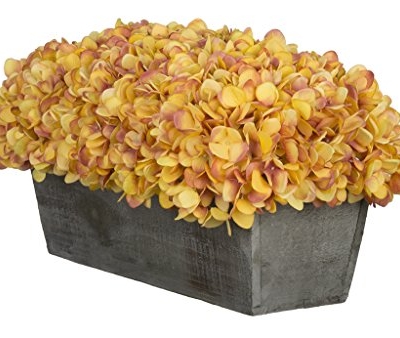 Product: House of Silk Flowers Artificial Hydrangeas in Grey-Washed Wood Ledge (Gold/Burgundy)