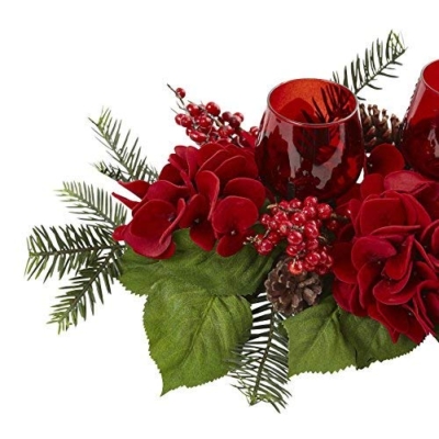 Silky Flower Store Artificial Hydrangea Candelabrum, Red Floral Table Centerpiece, Pinecone Berry Candle Holder, 24in 7 7 Product: Nearly Natural Triple Hydrangea Red Candelabrum