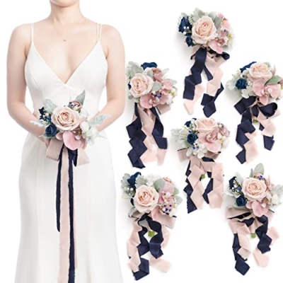Product: Ling's Moment Artificial Flowers Dusty Rose & Navy Blue Bridesmaid Bouquet Set of 6, Wedding Flowers Bouquets for Bridesmaids, 7 Inch Bridal Bouquets for Bridesmaids, Wedding, Ceremony, etc