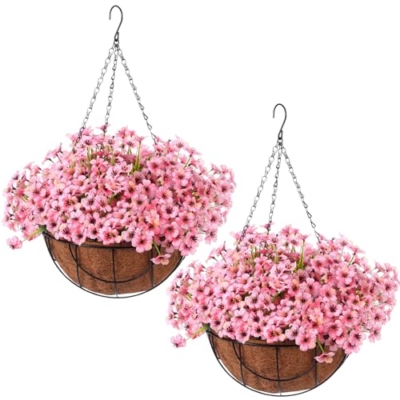 Product: Beeveer Artificial Spring Hanging Flowers in Basket for Home Decoration Faux Orchid Arrangement Porch Plants Coconut Lining Basket for Autumn Courtyard Decor(Pink, 2 Pack)
