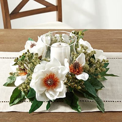 Silky Flower Store Artificial Magnolia Candelabrum Silk Flower Arrangement, Faux Green Floral Decor, 14 x 14 x 6.5 In. 9 9 Product: Nearly Natural Magnolia Candelabrum Silk Flower Arrangement Artificial Plant, 14 In. W x 14 In. D x 6.5 In. H, Green