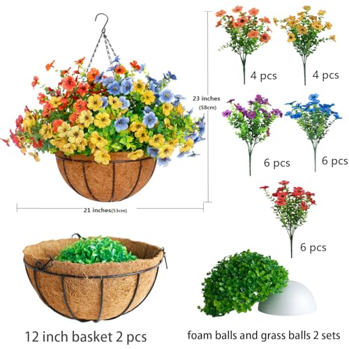 Silky Flower Store Artificial Hanging Plant Basket with Daisy Flowers Multicolor, 2 Pack, 12 inch, 21 x 21 x 23 inches 1 1 Product: Mecai 2 Pack 12 inch Hanging Plant Basket with Artificial Flowers for Outdoor Spring Decor, Lifelike Silk Floral Arrangement for Porch Garden Balcony and Home Patio Yard Decor(Multicolor)