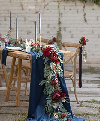 Silky Flower Store Eucalyptus Rose Garland, Burgundy Navy Sweetheart Table Decor, 6FT 6 6 Product: Ling's Moment Flower Garland - 6FT Eucalyptus & Rose - Sweetheart Table Decor for Wedding Reception, Artificial Floral Garland for Mantle, Thanksgiving, Christmas Decoration, Burgundy & Navy