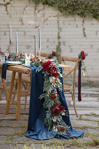 Silky Flower Store Eucalyptus Rose Garland, Burgundy Navy Sweetheart Table Decor, 6FT 1 1 Product: Ling's Moment Flower Garland - 6FT Eucalyptus & Rose - Sweetheart Table Decor for Wedding Reception, Artificial Floral Garland for Mantle, Thanksgiving, Christmas Decoration, Burgundy & Navy