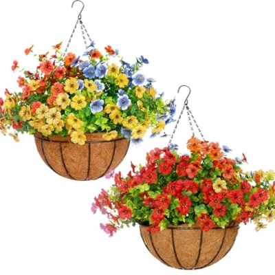 Product: Mecai 2 Pack 12 inch Hanging Plant Basket with Artificial Flowers for Outdoor Spring Decor, Lifelike Silk Floral Arrangement for Porch Garden Balcony and Home Patio Yard Decor(Multicolor)