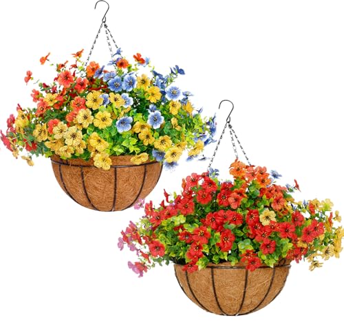 Mecai 2 Pack 12 inch Hanging Plant Basket with Artificial Flowers for Outdoor Spring Decor, Lifelike Silk Floral Arrangement for Porch Garden Balcony and Home Patio Yard Decor(Multicolor) - Artificial Flower Arrangements Product: Mecai 2 Pack 12 inch Hanging Plant Basket with Artificial Flowers for Outdoor Spring Decor, Lifelike Silk Floral Arrangement for Porch Garden Balcony and Home Patio Yard Decor(Multicolor)