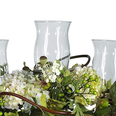 Silky Flower Store Artificial Hydrangea Triple Candleabrum Centerpiece, Cream, Glass Votive Holders, 29 x 10.25 x 10.25 in 7 7 Product: Nearly Natural 4634-CR Hydrangea Triple Candleabrum Centerpiece, Cream 29" x 10.25" x 10.25"