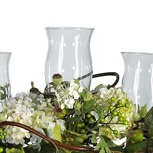 Silky Flower Store Artificial Hydrangea Triple Candleabrum Centerpiece, Cream, Glass Votive Holders, 29 x 10.25 x 10.25 in 3 3 Product: Nearly Natural 4634-CR Hydrangea Triple Candleabrum Centerpiece, Cream 29" x 10.25" x 10.25"
