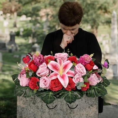 Silky Flower Store Artificial Cemetery Flower Saddle, Pink Rose Lily Red Carnation Tulip, Memorial Grave Vase, Butterflies, 32.5cm 10 10 Product: SUHOOKOO Handmade Cemetery Flowers for Grave Decor, Artificial Headstone Flower Saddle, Bright and Colorfast,Easy Fit, Tombstone Silk Pink Rose Lily/Red Carnation Tulip, 2 lovely butterflies included