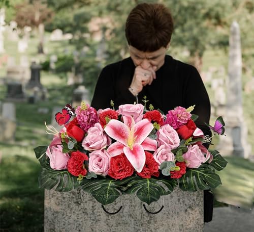 Silky Flower Store Artificial Cemetery Flower Saddle, Pink Rose Lily Red Carnation Tulip, Memorial Grave Vase, Butterflies, 32.5cm 1 1 Product: SUHOOKOO Handmade Cemetery Flowers for Grave Decor, Artificial Headstone Flower Saddle, Bright and Colorfast,Easy Fit, Tombstone Silk Pink Rose Lily/Red Carnation Tulip, 2 lovely butterflies included