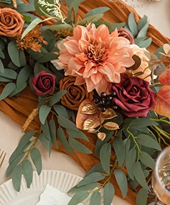Silky Flower Store Terracotta Flower Garland, Eucalyptus Rose Faux Garland, 6FT, Waterproof Wedding Table Decor 6ft 8 8 Product: Ling's Moment Terracotta Flower Garland - 6FT Eucalyptus & Rose - Sweetheart Table Decor for Wedding Reception, Fall Artificial Floral Garland for Mantle, Christmas Decoration, Burnt Orange