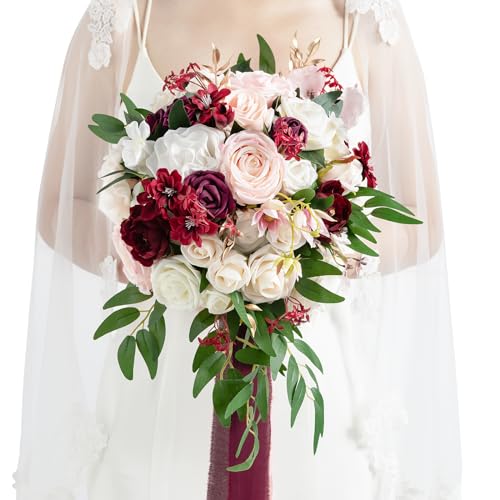 Product: Ling's Moment Burgundy Bridal Bouquet for Bride, 13 Inch Romantic Marsala Wedding Bouquets for Bride, Silk Round Artificial Wedding Flowers Bouquets
