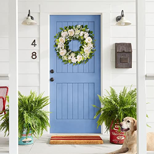 Silky Flower Store Artificial Peony Spring Wreath, Handmade White Blooming Flower Wreath, Front Door Decor, 22-24 inch 4 4 Product: TechKen Peony Spring Wreaths for Front Door Outside 22-24 inch Handmade Artificial Blooming Flower Wreath for Indoor Outdoor Wall Window Decorations Door Wreath