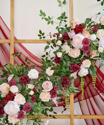 Silky Flower Store Spring Flower Garland, Wedding Arch Flowers, Eucalyptus Rose Artificial Floral Garland, Mantle Table Decor, Marsala, 9FT 10 10 Product: Ling's Moment 9FT Spring Flower Garland - Wedding Arch Flowers, Eucalyptus & Rose, Artificial Floral Garland for Mantle - Sweetheart Table Decor for Reception, Backdrop Decorations, Marsala