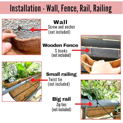 Product: LaLaGreen Large Wall Flower Baskets, 6 Pack, 16 Inch Rail Planter for Outdoor Plants, Metal Wire Plants Holders with Coco Liner Outside Fence Balcony Garden Pots Railings Hanging Deck Porch Decor