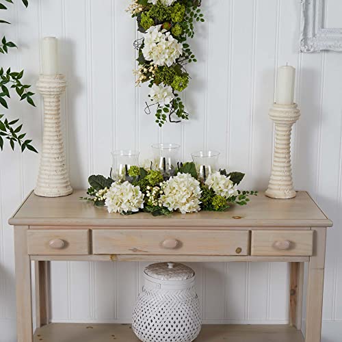 Silky Flower Store Nearly Natural Snowball Hydrangea Triple Candelabrum, Glass Hurricane Candle Holders, Decorative Home Accent, 32.5cm 3 3 Product: Nearly Natural Snowball Hydrangea Triple Candelabrum